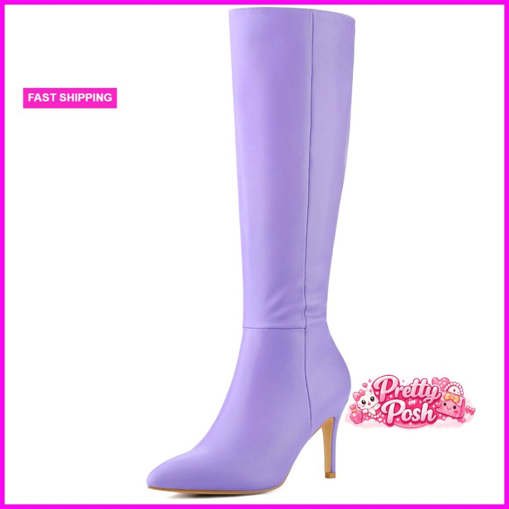 Knee High Stiletto Heel Boots Pointed Toe Faux Leather Side Zip Slim Calf